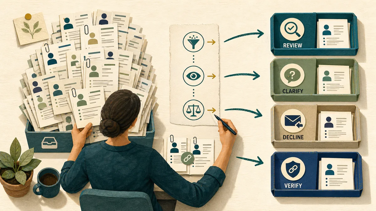 A recruiter routes a crowded application inbox into four clearly labeled review lanes using an evidence-based triage board