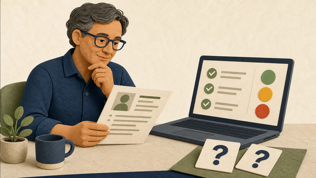 A business owner reviews a resume beside a laptop showing a clear checklist and question marks for missing evidence