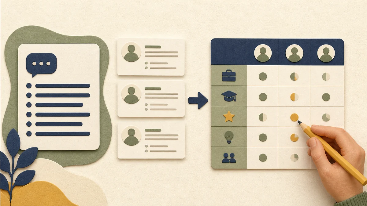 A plain prompt card turns several applicant resumes into a consistent evidence table for a business owner to review