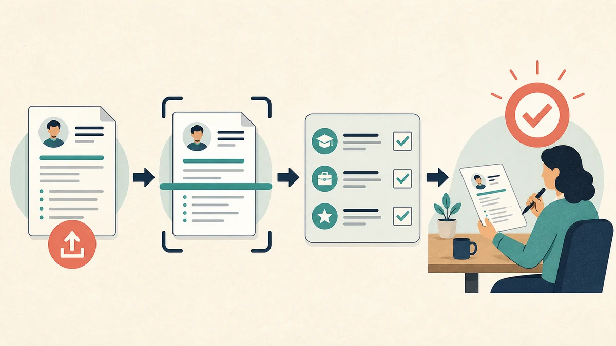 A resume moves through upload, document parsing and employer criteria before a human recruiter reviews it