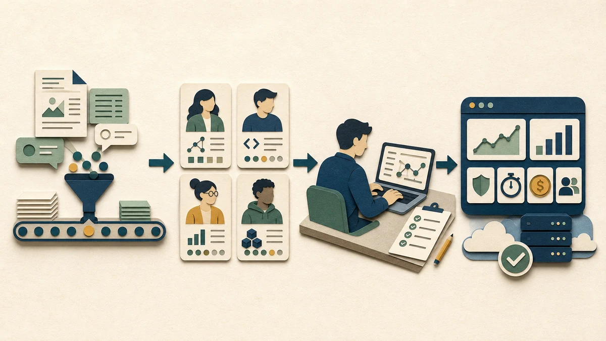 A business workflow moves through four AI engineer profiles, a practical work sample, and a monitored production system