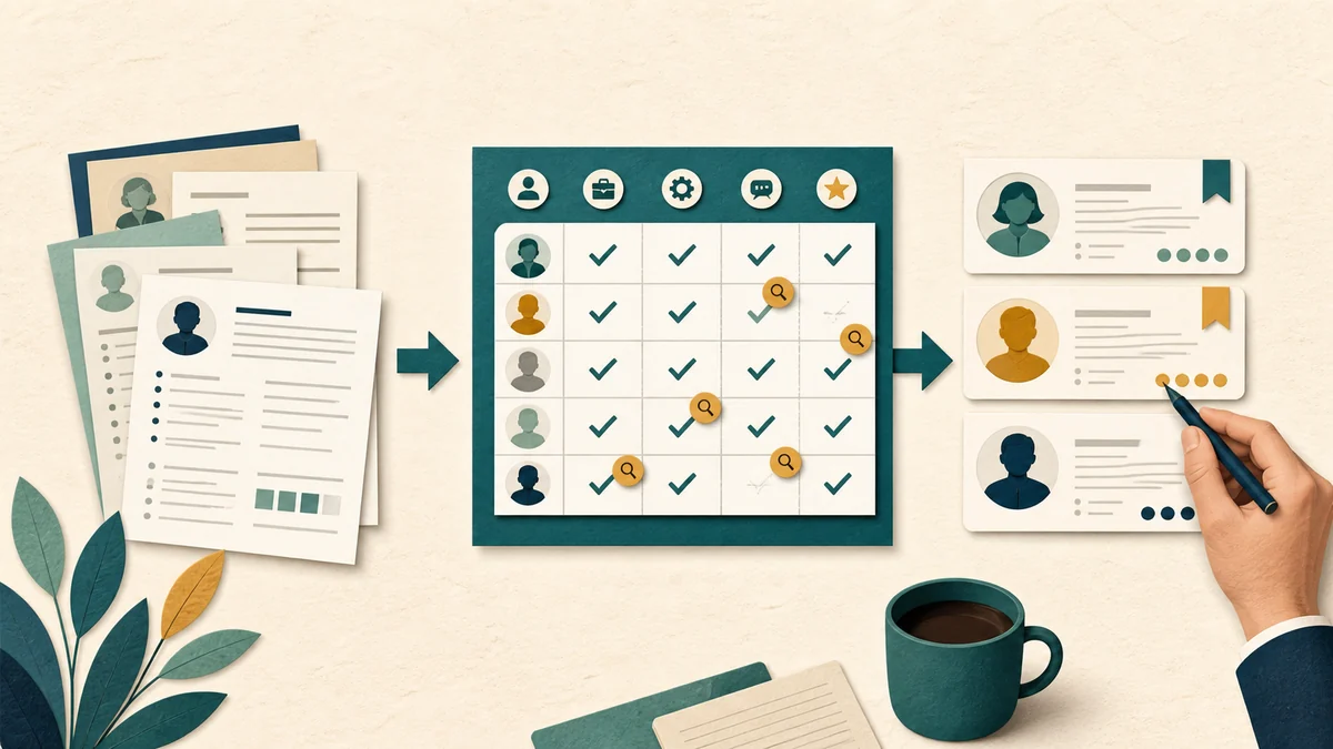 Resumes moving through a consistent evaluation grid before a human reviewer makes the final shortlist decision
