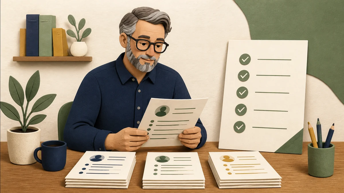 A small-business owner sorts a manageable pile of resumes beside a clear one-page hiring checklist