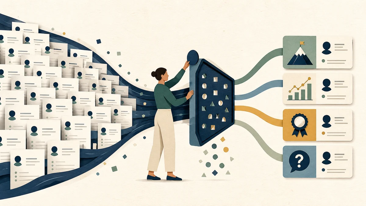 A human reviewer filters a flood of similar resumes into distinct cards for outcomes, credentials and questions to verify
