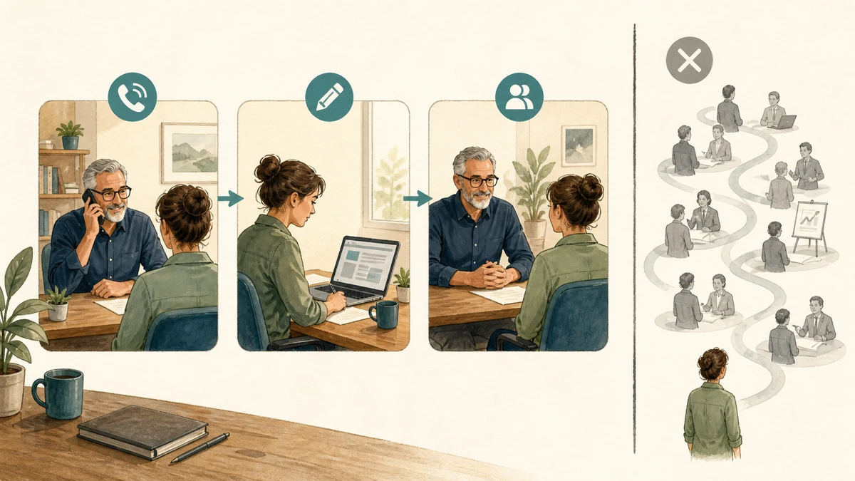 A small-business owner and applicant move through a phone screen, short work sample, and final interview instead of a long interview maze
