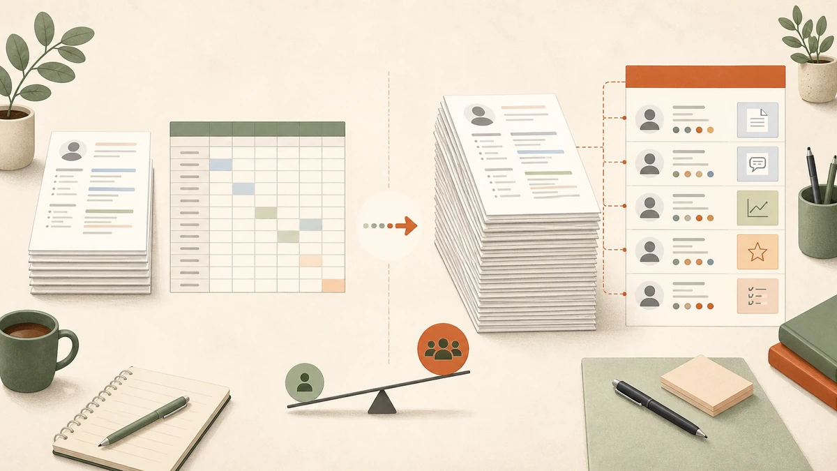A small resume pile and spreadsheet sit beside a larger batch flowing into an organised review panel