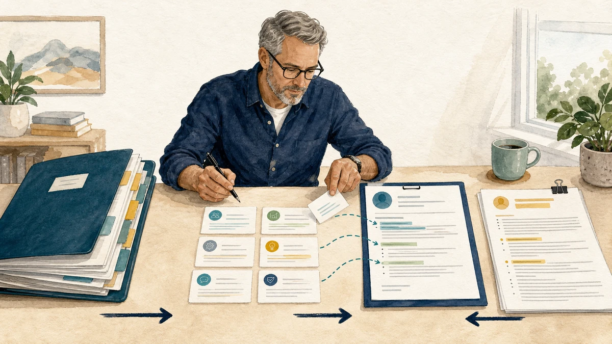 A job seeker selects evidence from a master resume and maps it into one role-specific resume beside a job description