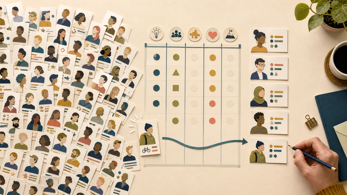 A wide field of varied applicant cards being organized by evidence into a small shortlist for a human owner to review